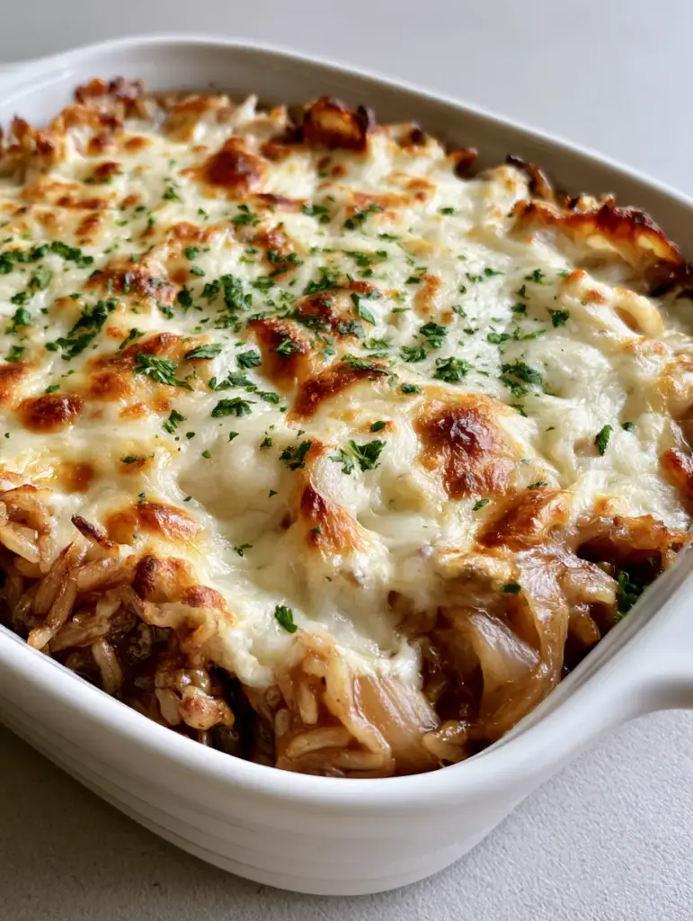 French Onion Soup Rice: The Ultimate Cheesy Comfort Food Bake 1 Top view of French Onion Soup Rice in a white ceramic dish with melted bubbly cheese and green parsley flakes.