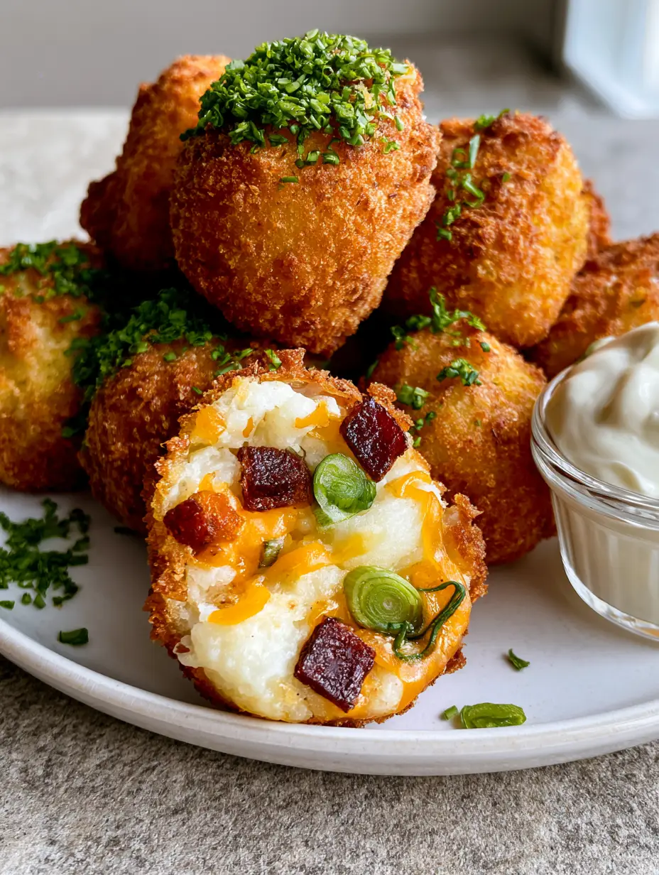A handheld smartphone photo of deep-fried mashed potato bites showing a steaming interior with melted cheddar and bacon bits.