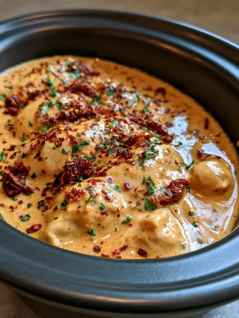 Crockpot Marry Me Chicken: The Ultimate Creamy Slow Cooker Dinner 1 A handheld smartphone photo showing the texture of the thick cream sauce and red pepper flakes on the Crockpot Marry Me Chicken.
