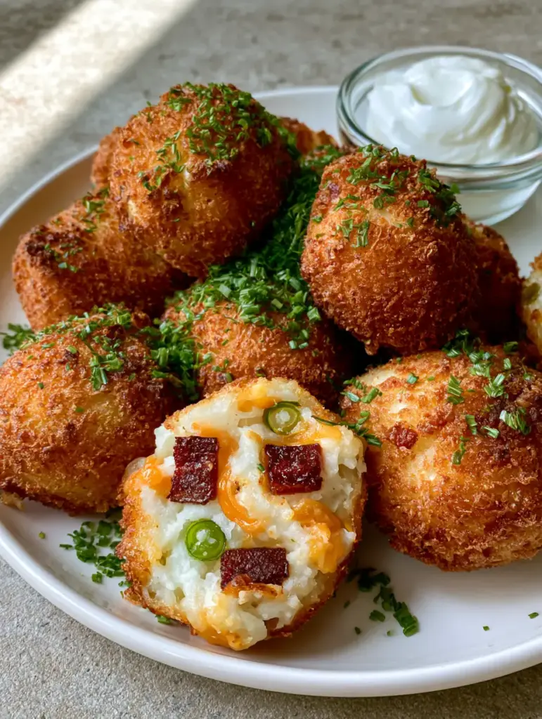 A pile of bronzed panko-crusted potato balls on a white plate with a side of glossy sour cream.