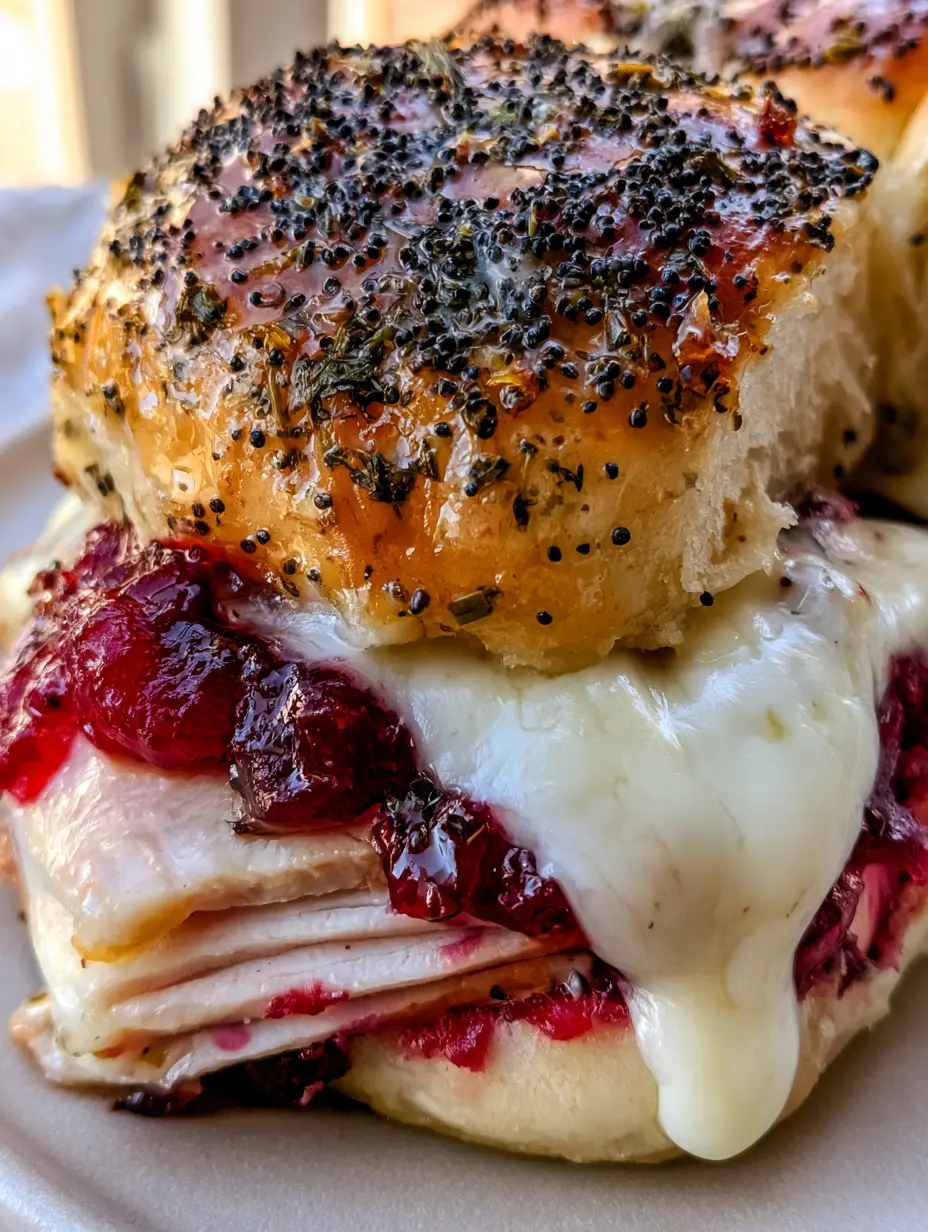 Turkey Cranberry Sliders with Melted Havarti and Herb Butter 3 Close-up of golden brown Turkey Cranberry Sliders encrusted with poppy seeds and green herbs.