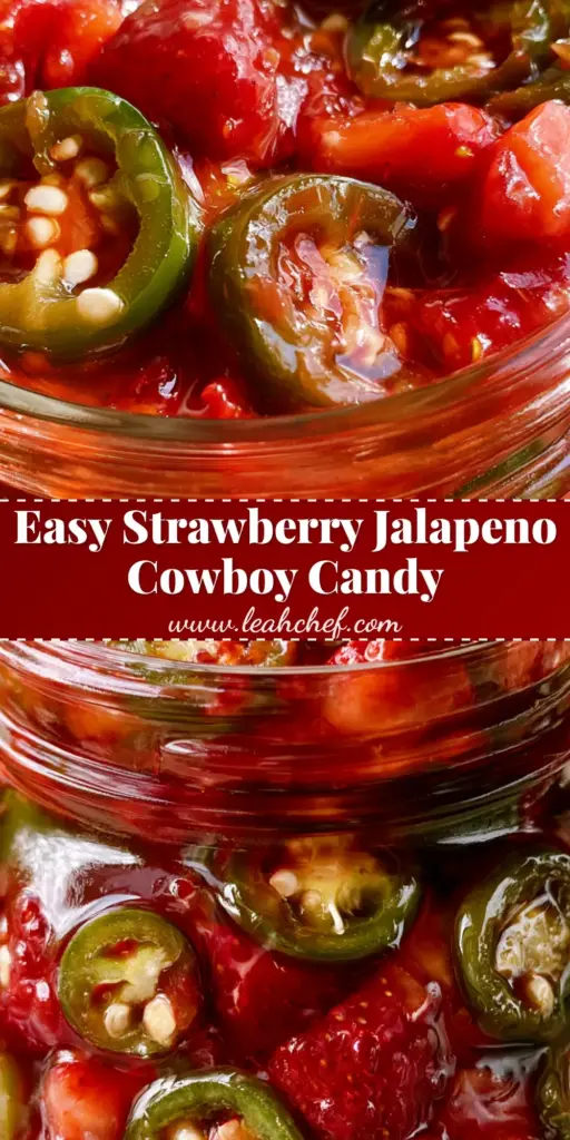 Strawberry Jalapeño Cowboy Candy: The Best Spicy-Sweet Glazed Preserve 3 A tall Pinterest-style image showing a glass mason jar filled with Strawberry Jalapeño Cowboy Candy, featuring green pepper rounds and red strawberry chunks in a thick syrup.