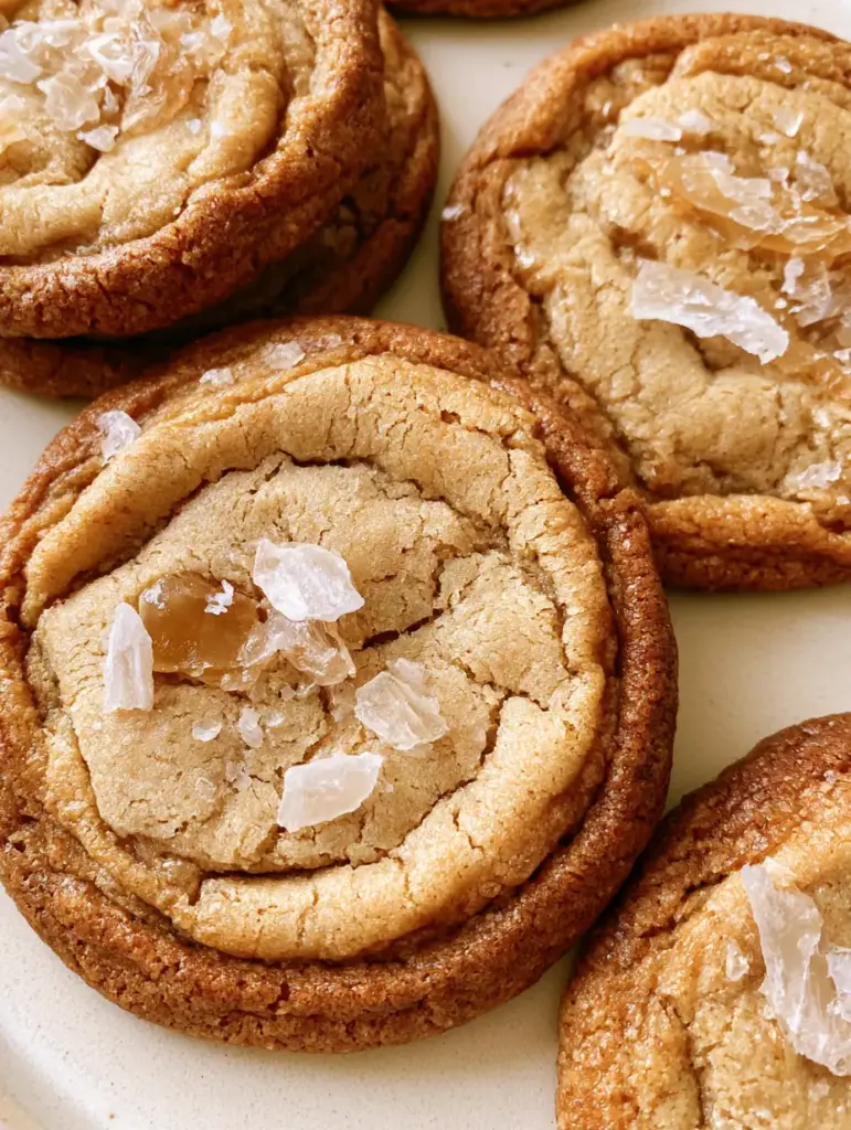 Informal arrangement of Salted Honey Cookies on an off-white surface highlighting the sea salt flakes and buttery appearance.
