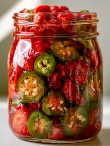 A close-up shot of a clear glass mason jar filled to the top with Strawberry Jalapeño Cowboy Candy, showing the thick, glossy, translucent deep-red sugar syrup reflections.