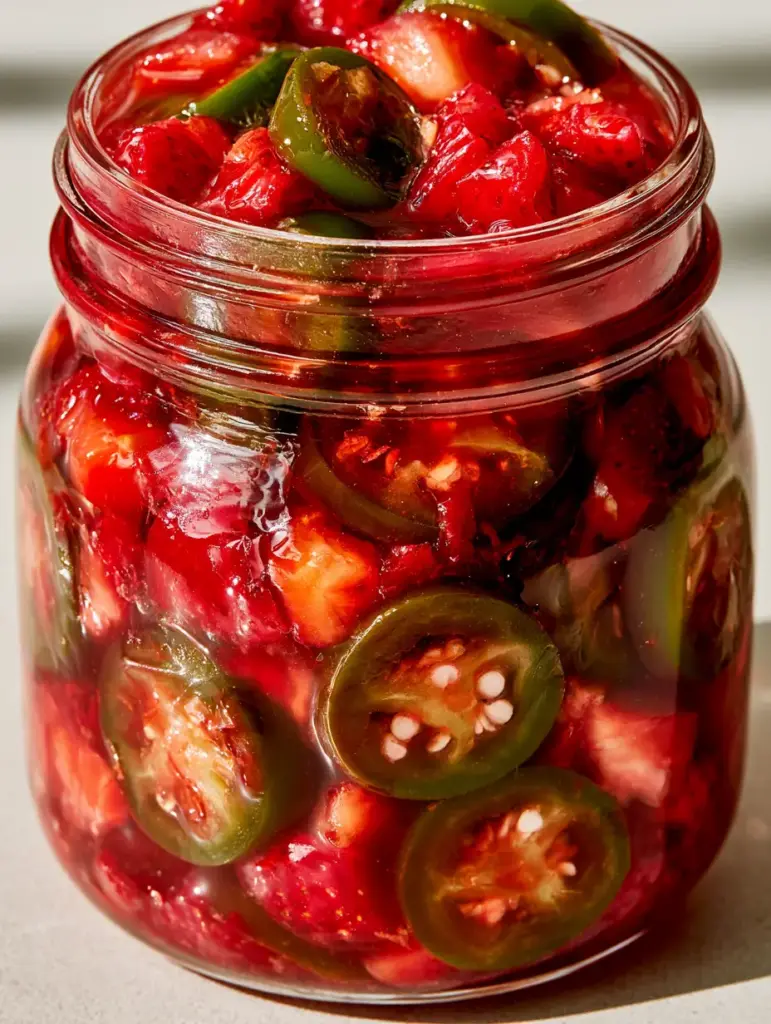 Strawberry Jalapeño Cowboy Candy: The Best Spicy-Sweet Glazed Preserve 1 Realistic smartphone photo of Strawberry Jalapeño Cowboy Candy in a jar on a neutral countertop under soft natural daylight.