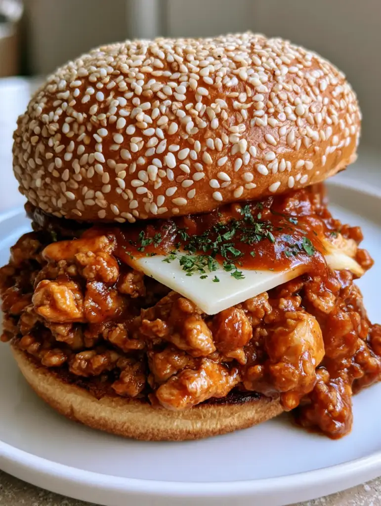 A gourmet ground chicken sloppy joe sandwich with melted provolone cheese on a sesame brioche bun.