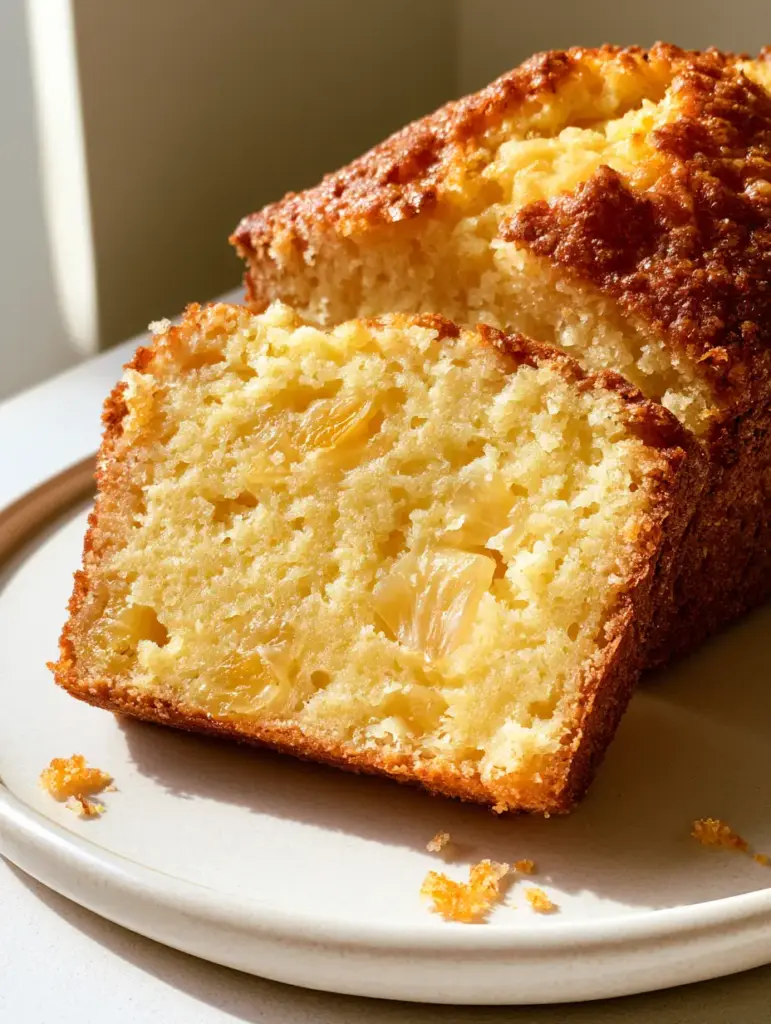 A slice of moist Pineapple Bread leaning against a full golden-brown loaf on a white plate.