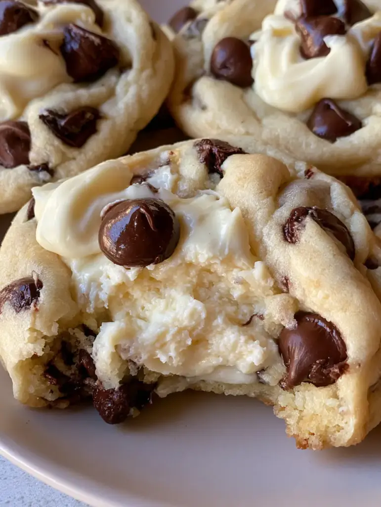 A handheld photo of a thick Chocolate Chip Cheesecake Cookie with melted semi-sweet chips and a visible cream cheese swirl.