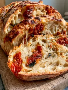 Close-up of Savory Tomato Basil Bread showing a rustic golden-brown crust and visible pockets of melted mozzarella and sun-dried tomatoes.