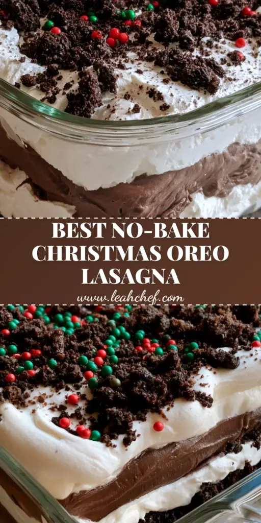 No-Bake Christmas Oreo Lasagna: The Ultimate Holiday Layered Dessert 4 A tall slice of No-Bake Christmas Oreo Lasagna showing 4 distinct layers with festive red and green sprinkles on top.