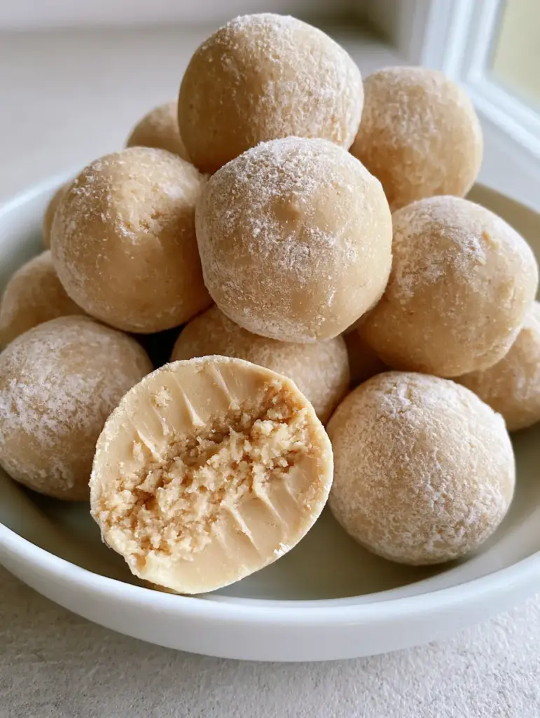 Close up of a hand-rolled Peanut Butter Ball with Cream Cheese broken in half to show the smooth beige fudge-like interior.