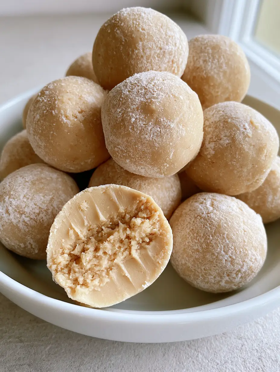Peanut Butter Balls with Cream Cheese: The Ultimate No-Bake Treat 4 Close up of a hand-rolled Peanut Butter Ball with Cream Cheese broken in half to show the smooth beige fudge-like interior.
