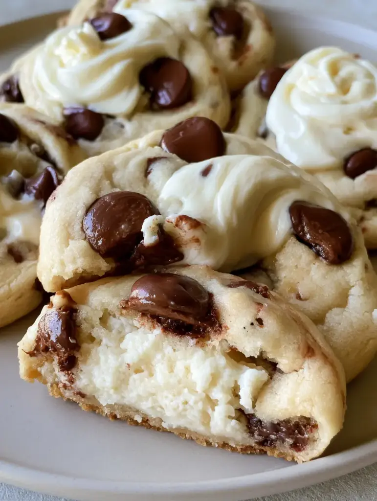 Chocolate Chip Cheesecake Cookies: The Ultimate Soft-Baked Gourmet Treat 1 A Chocolate Chip Cheesecake Cookie broken open to reveal a dense, creamy cheesecake center and moist crumbs.