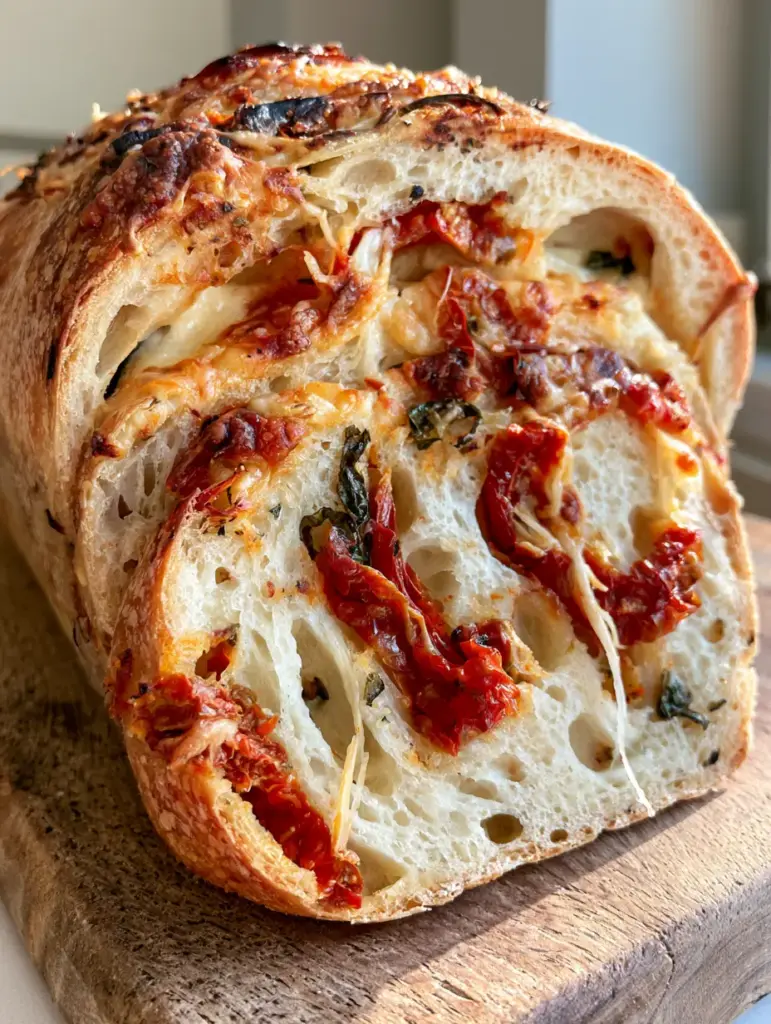 Savory Tomato Basil Bread with Melted Mozzarella Pockets 1 A sliced loaf of Savory Tomato Basil Bread on a weathered wooden board, highlighting the soft white crumb and vibrant red and green inclusions.