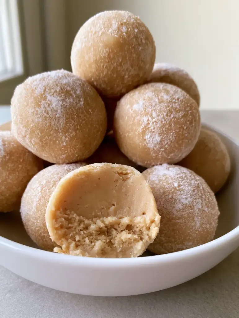 Peanut Butter Balls with Cream Cheese: The Ultimate No-Bake Treat 1 Peanut Butter Balls with Cream Cheese stacked in a shallow white ceramic bowl on a gray surface with natural lighting.