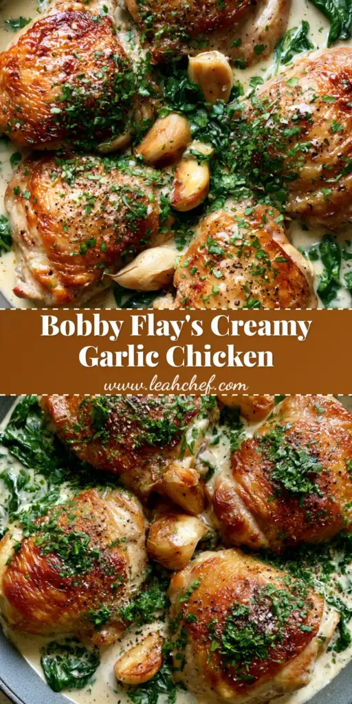 A close-up of crispy skin-on bone-in Creamy Garlic Chicken Thighs in a cast iron skillet with thick white sauce and wilted spinach.
