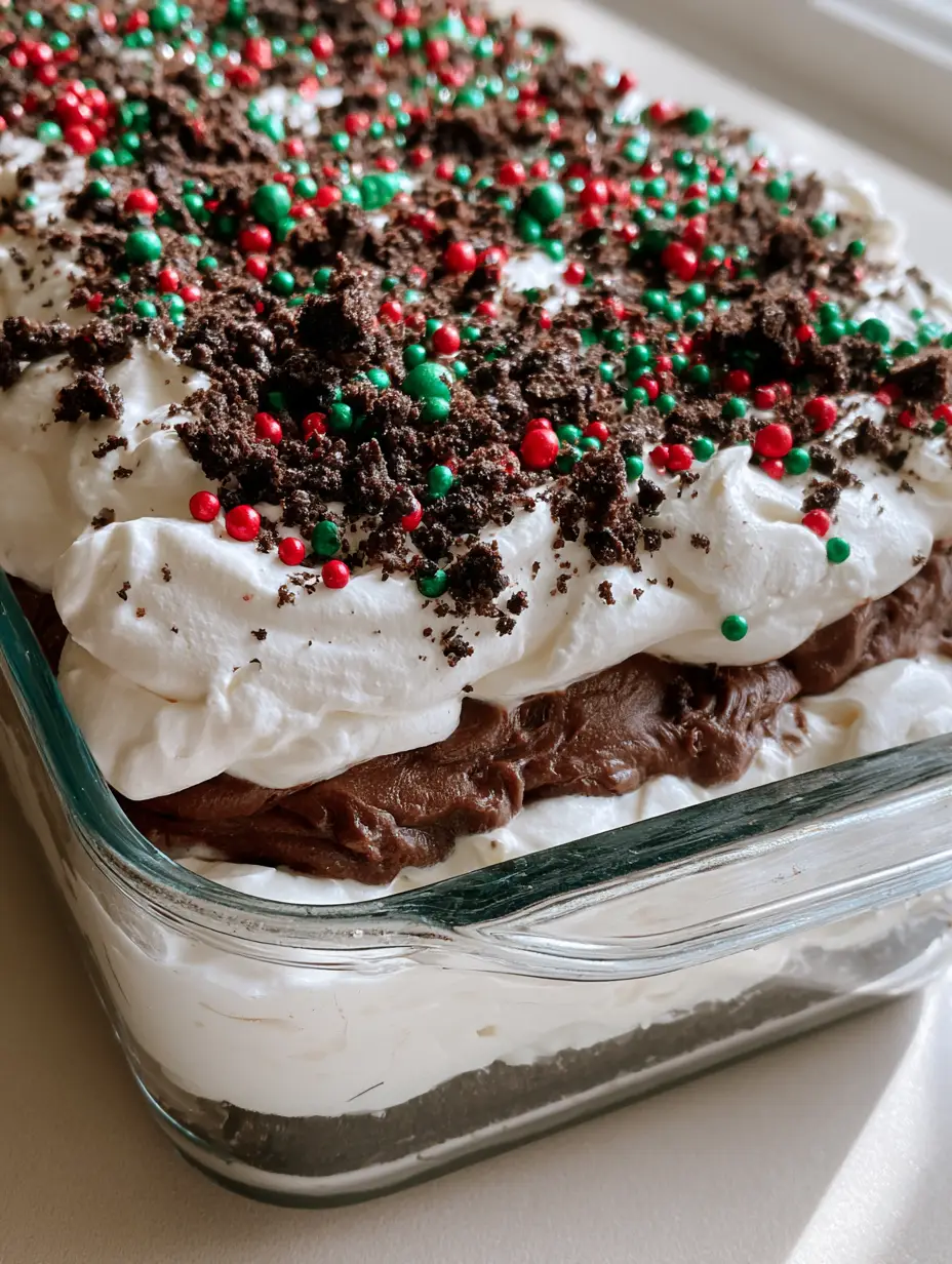 No-Bake Christmas Oreo Lasagna: The Ultimate Holiday Layered Dessert 3 Close-up of a rectangular glass dish filled with layers of dark chocolate pudding and white cream cheese for a No-Bake Christmas Oreo Lasagna.