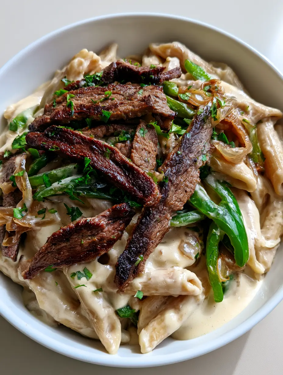 A shallow white bowl filled with Philly Cheesesteak Pasta featuring viscous off-white sauce and dark brown seared steak strips.