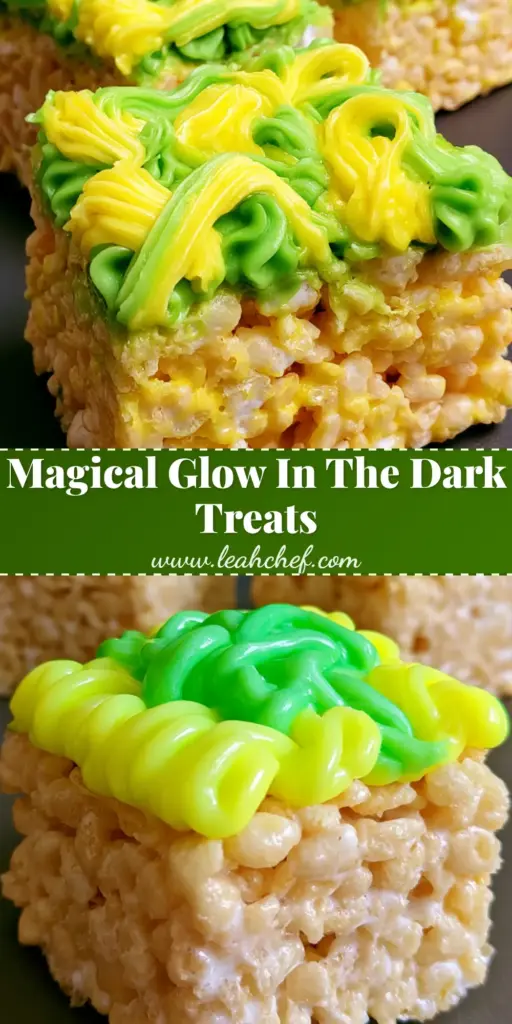 Glow in the Dark Rice Krispie Treats with Vibrant Neon Drizzles 3 Three rectangular Glow in the Dark Rice Krispie Treats with vibrant neon green and fluorescent yellow frosting drizzles on a dark surface.