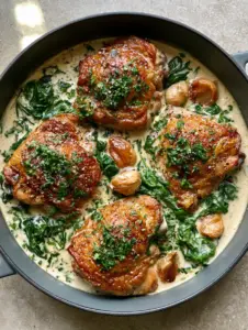 Top-down shot of four golden-brown Creamy Garlic Chicken Thighs in a dark cast iron skillet with off-white cream sauce and green spinach.