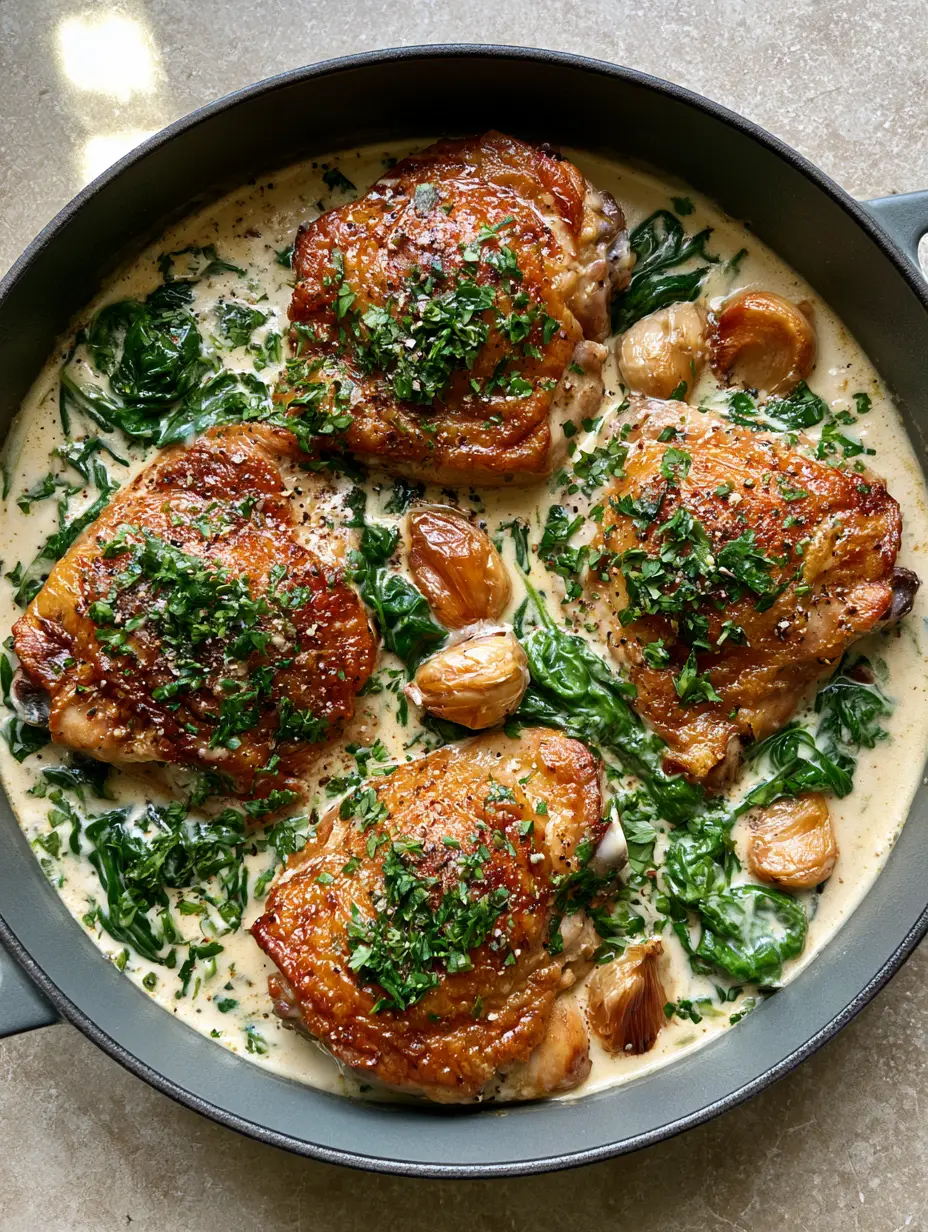 Top-down shot of four golden-brown Creamy Garlic Chicken Thighs in a dark cast iron skillet with off-white cream sauce and green spinach.