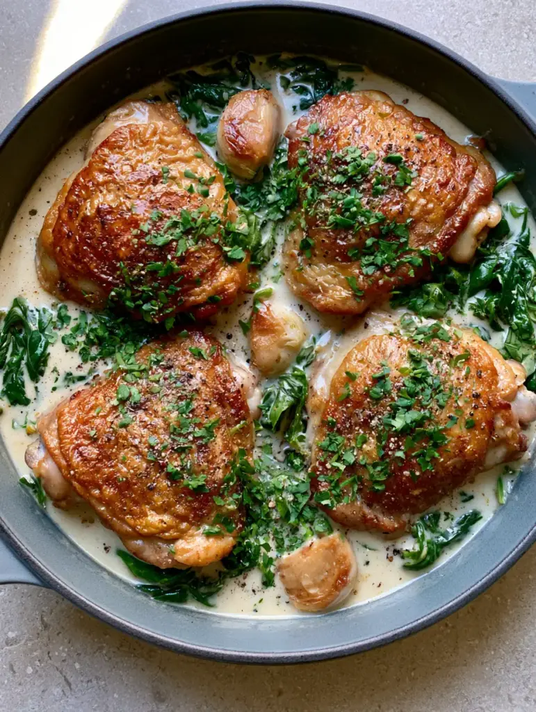 Overhead view of a cast iron skillet featuring Creamy Garlic Chicken Thighs garnished with fresh parsley and cracked black pepper.