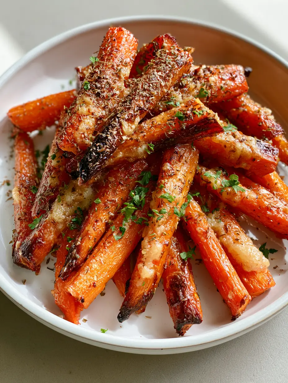 Parmesan Garlic Roasted Carrots: The Best Crispy Side Dish 4 Close up photo of roasted carrot sticks with glistening garlic oil and blistered skins.