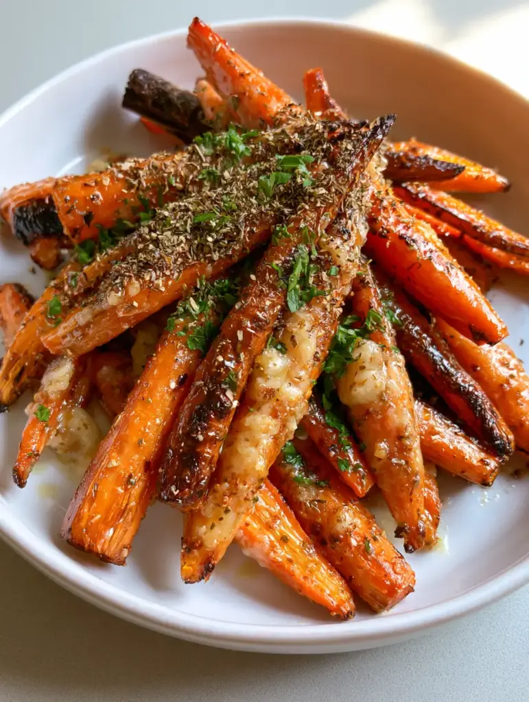Parmesan Garlic Roasted Carrots: The Best Crispy Side Dish 1 Roasted carrots on a ceramic plate featuring golden brown parmesan cheese clusters and green parsley.