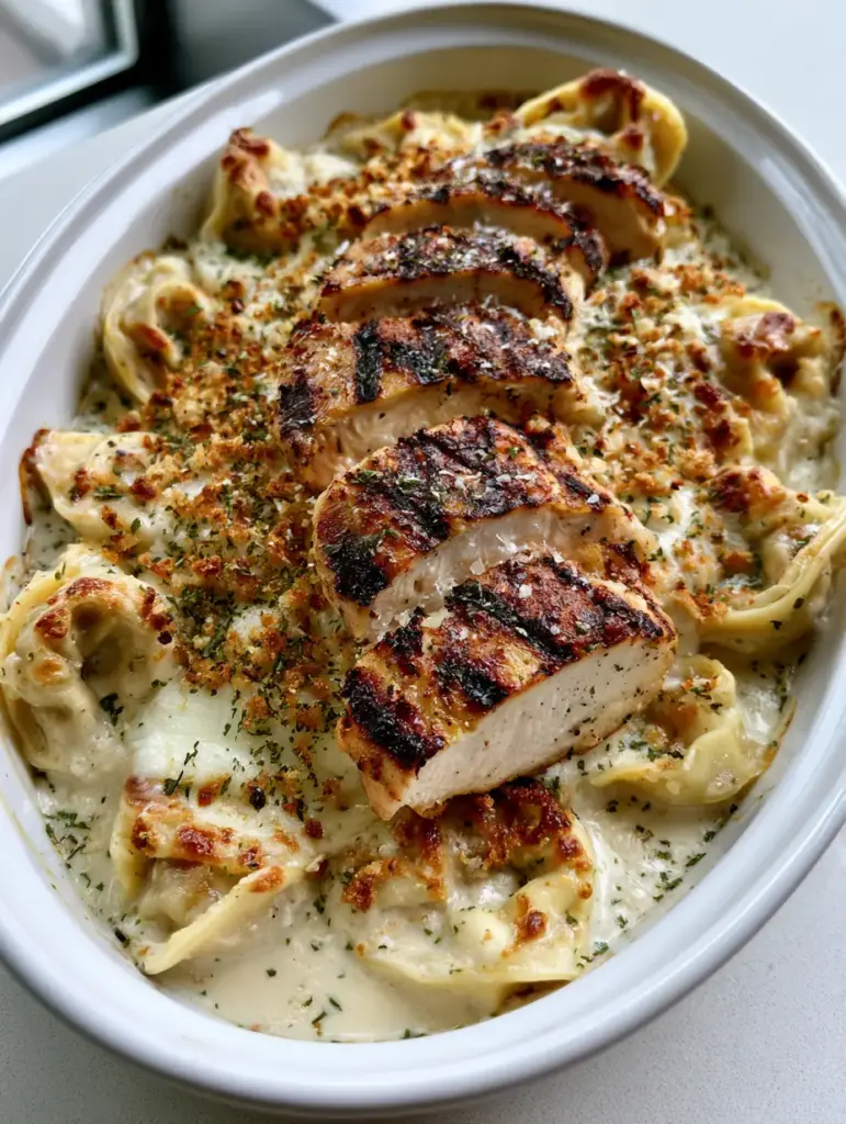 Olive Garden Asiago Tortelloni Alfredo Recipe with Grilled Chicken 2 Smartphone photo of creamy tortelloni pasta submerged in velvety white alfredo sauce with melted mozzarella. (Olive Garden Asiago Tortelloni Alfredo)