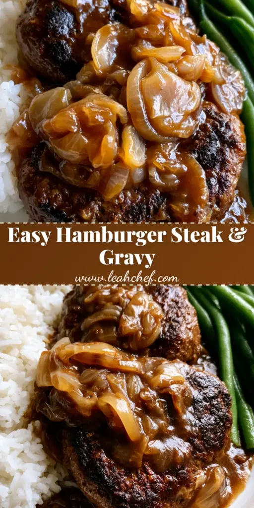 A close-up shot of Hamburger Steak with Brown Gravy served with fluffy white rice and steamed green beans on a white plate.