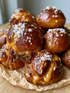Handheld photo of a golden-brown soft Brisket & Beer Cheese Pretzel bite with salt flakes.