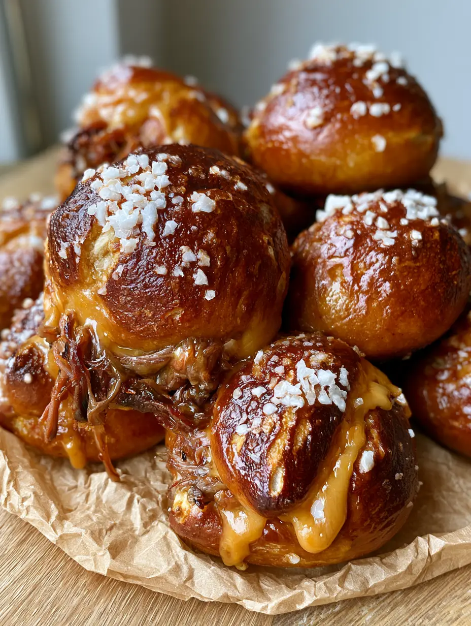 Brisket & Beer Cheese Pretzel Bites: The Ultimate Smoky Appetizer 4 Handheld photo of a golden-brown soft Brisket & Beer Cheese Pretzel bite with salt flakes.