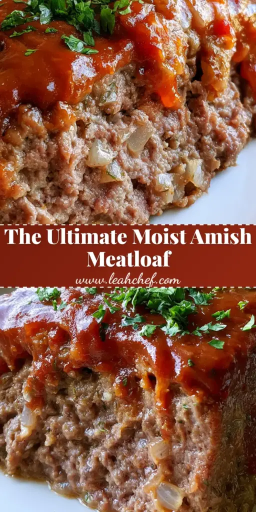 Amish Meatloaf: The Ultimate Old-Fashioned Comfort Food Recipe 3 A thick, rectangular slice of Amish Meatloaf with a glossy reddish-brown glaze and fresh parsley garnish on a white plate.