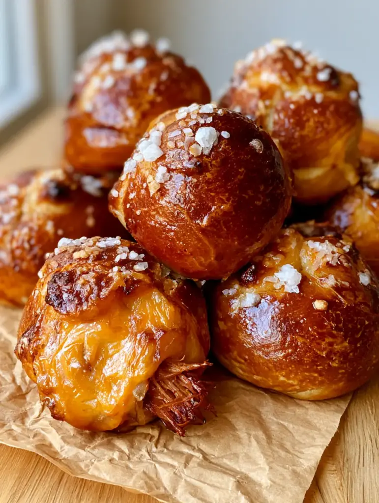 Brisket & Beer Cheese Pretzel Bites: The Ultimate Smoky Appetizer 1 Brisket & Beer Cheese Pretzel bites showing shredded brisket fibers and thick cheese sauce.