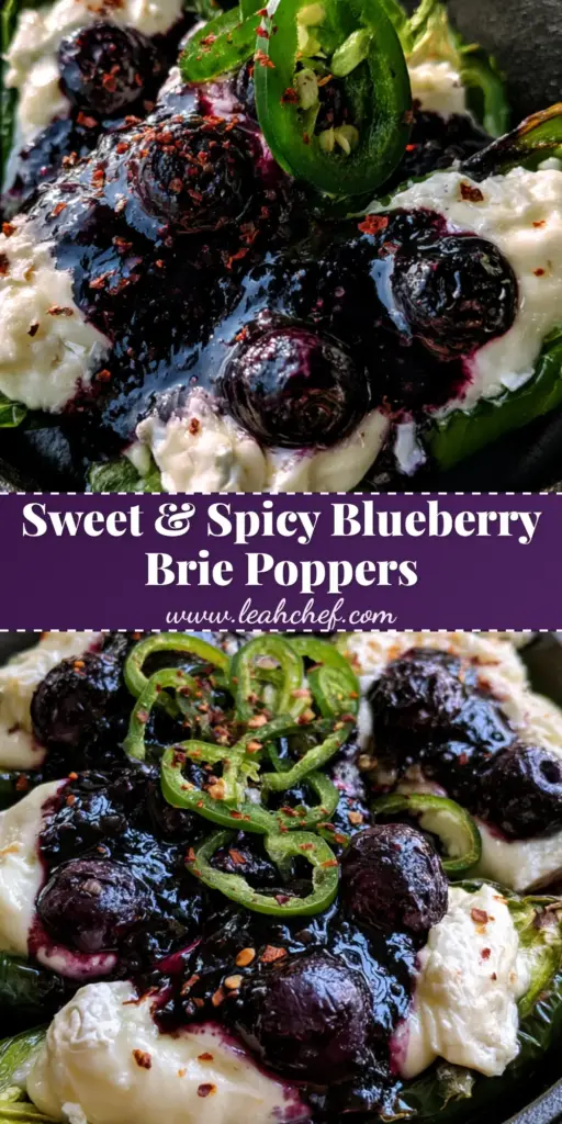 Blueberry Brie Jalapeño Poppers: The Ultimate Sweet and Spicy Gourmet Appetizer 4 A close up Pinterest pin showing Blueberry Brie Jalapeño Poppers in a cast iron skillet with melted brie and glossy blueberry drizzle.