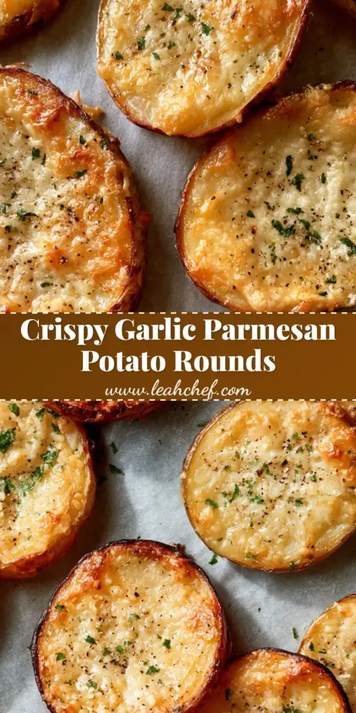 Parmesan Potato Rounds: The Crispiest Golden Parmesan Potato Slices 3 A stack of crispy Parmesan Potato Rounds with dark gold edges and bubbly melted cheese on parchment paper.