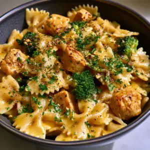 Close up of Cowboy Butter Chicken Pasta showing the glossy lemon garlic butter sauce and al dente farfalle. (Cowboy Butter Chicken Pasta)