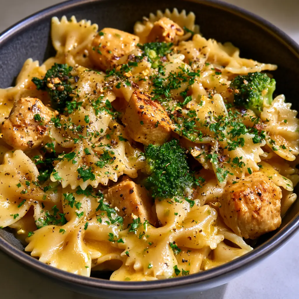 Cowboy Butter Chicken Pasta with Lemon and Garlic 2 Close up of Cowboy Butter Chicken Pasta showing the glossy lemon garlic butter sauce and al dente farfalle. (Cowboy Butter Chicken Pasta)