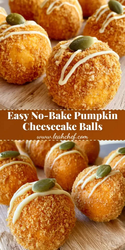 Spherical orange No Bake Pumpkin Cheesecake Balls coated in graham crumbs with white chocolate drizzle on a rustic wood board.