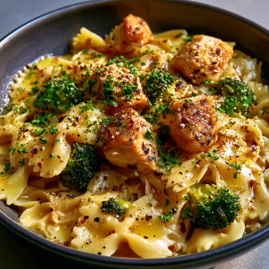 Cowboy Butter Chicken Pasta with Lemon and Garlic 1 Seared golden-brown chicken chunks and bright steamed broccoli florets nestled in Cowboy Butter Chicken Pasta.