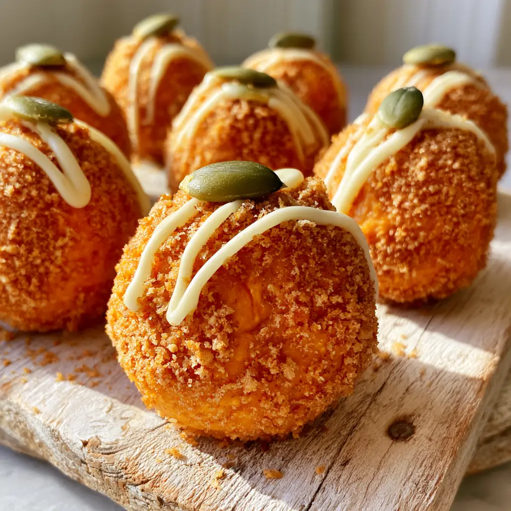 Close up of the orange pumpkin spice cheesecake mixture center and fine graham cracker crumb coating on No Bake Pumpkin Cheesecake Balls.