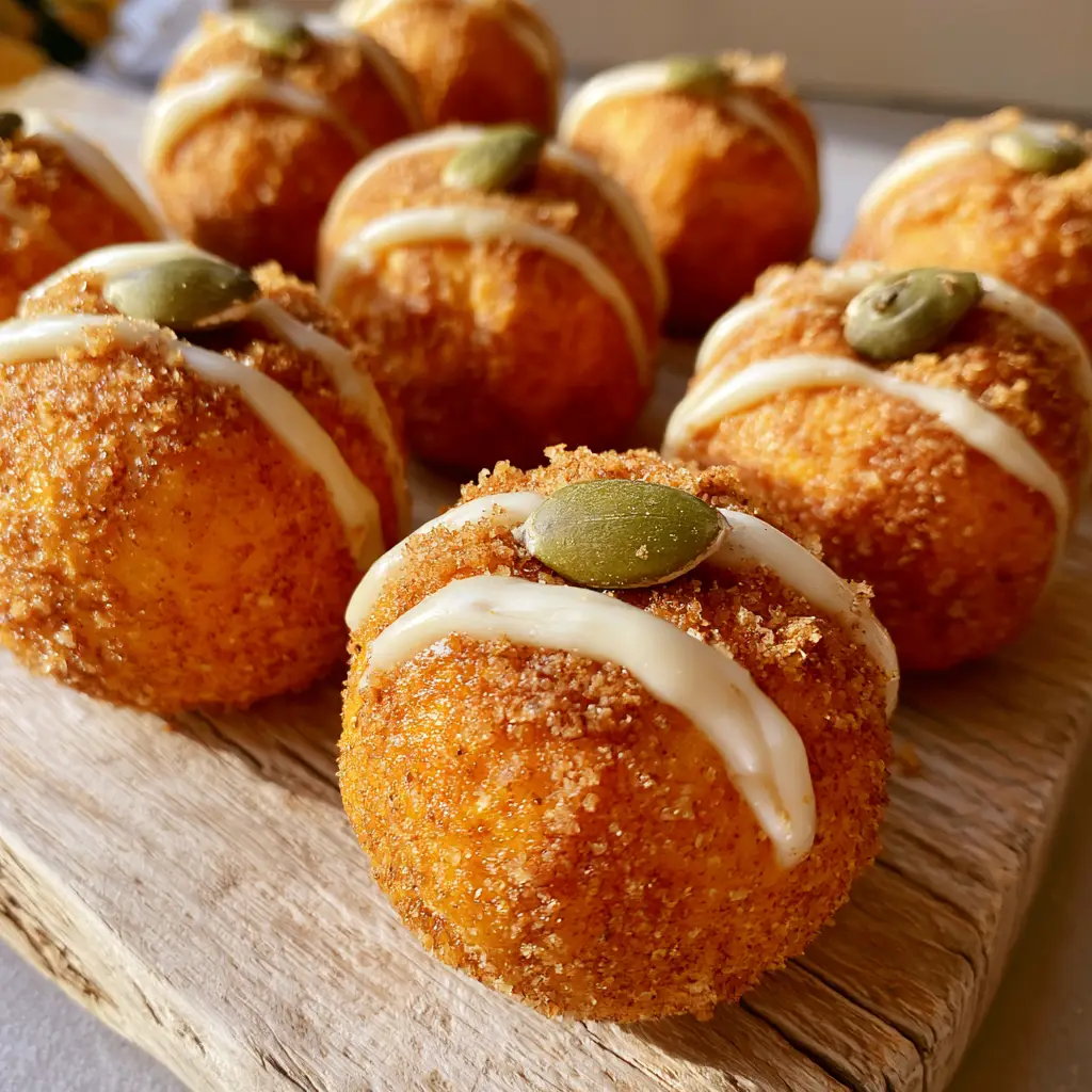 A rustic wood serving board filled with No Bake Pumpkin Cheesecake Balls featuring white chocolate drizzles and green pumpkin seed stems.