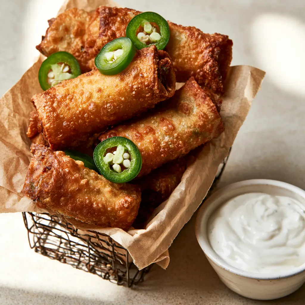 Golden brown Jalapeno Popper Egg Rolls scattered with fresh green jalapeno wheels in a basket.