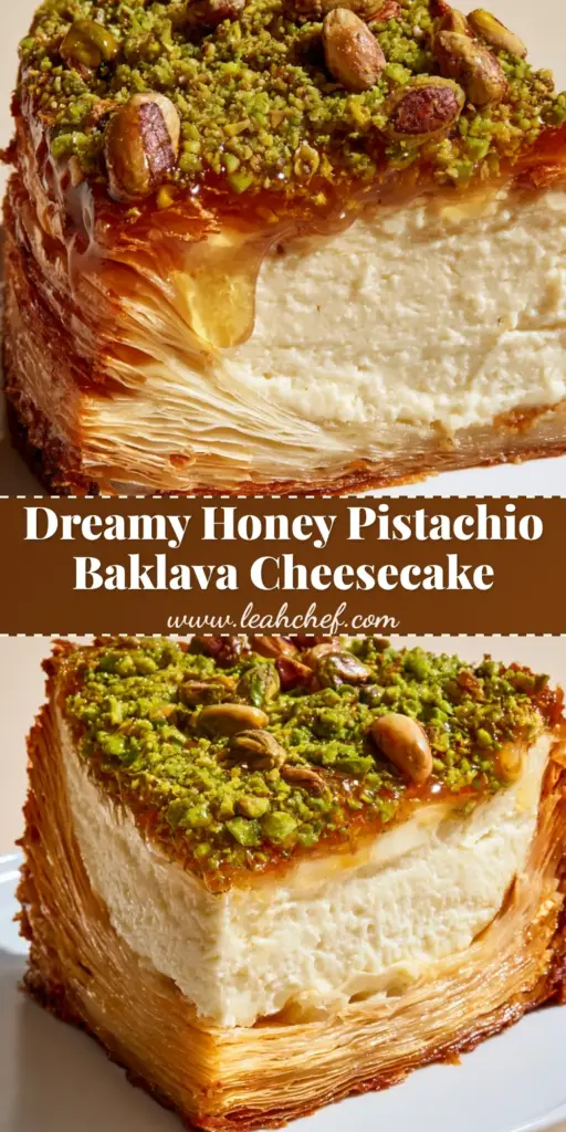Baklava Cheesecake: The Ultimate Crispy Phyllo and Honey Fusion 4 A tall slice of Baklava Cheesecake showing stacked golden-brown phyllo layers, ivory-white cheesecake, and glistening honey-glazed pistachios. (Baklava Cheesecake)