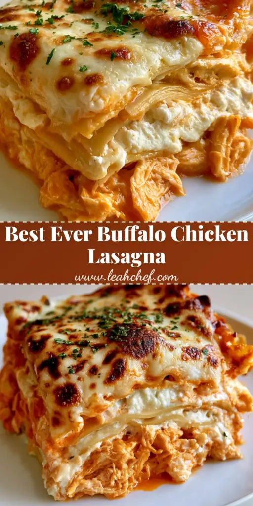 A tall, cheesy slice of Buffalo Chicken Lasagna on a white plate showing distinct layers of orange chicken and white ricotta.