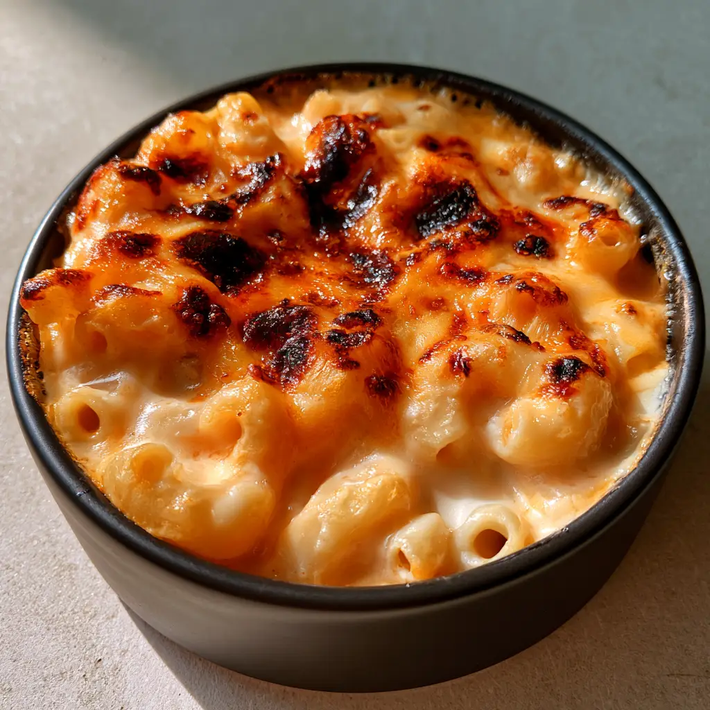 Chick-fil-A Mac and Cheese Copycat: The Ultimate Creamy Baked Recipe 2 A smartphone photo of a single serving of Chick-fil-A Mac and Cheese Copycat in a matte black bowl showing gooey cheese sauce.