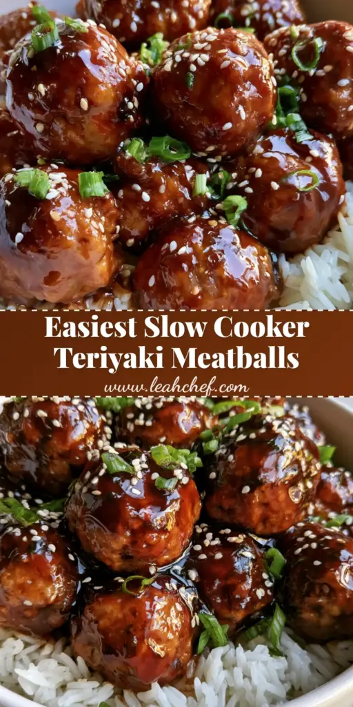 A tall Pinterest pin image showing a white ceramic bowl of Slow Cooker Teriyaki Meatballs with a glossy dark amber sauce, sesame seeds, and green scallions over white rice on a rustic wood surface.