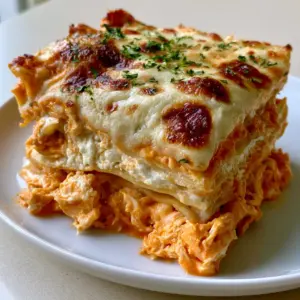 A close-up view of Buffalo Chicken Lasagna with melted mozzarella and golden-brown charred spots.