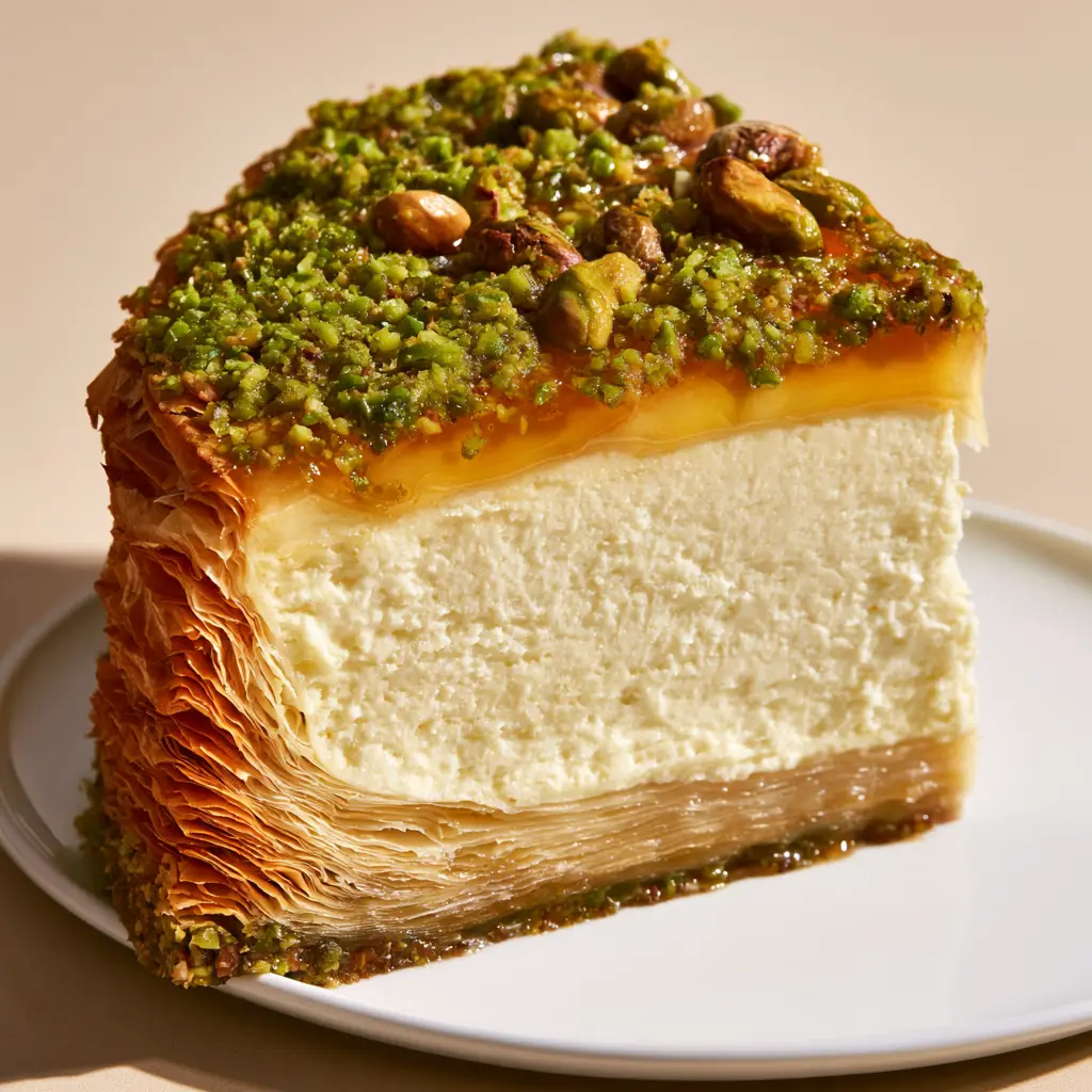 Close-up side view of a Baklava Cheesecake slice featuring dozens of paper-thin phyllo layers and a thick ivory-white filling. (Baklava Cheesecake)