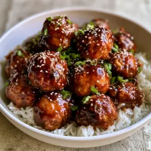 Close-up high-angle photo of Slow Cooker Teriyaki Meatballs in a white bowl, showing the thick reflective sheen of the glaze and fresh scallion garnish.